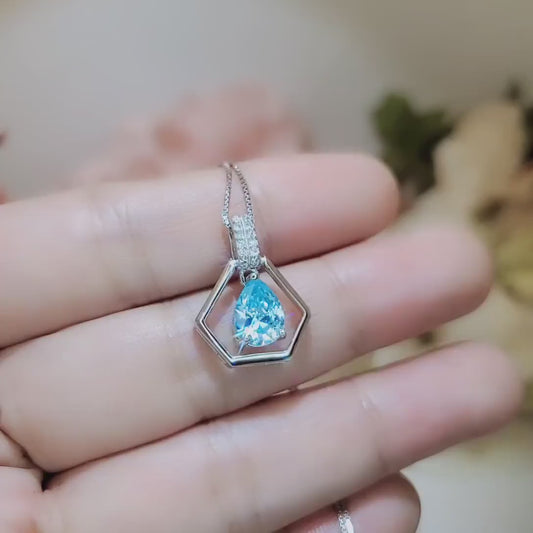 Geometric Aquamarine Necklace - Sterling Silver Triangle Diamond Teardrop 1.2 CT Blue Aquamarine Pendant - Tiny Dynamic Hexagon 18kgp