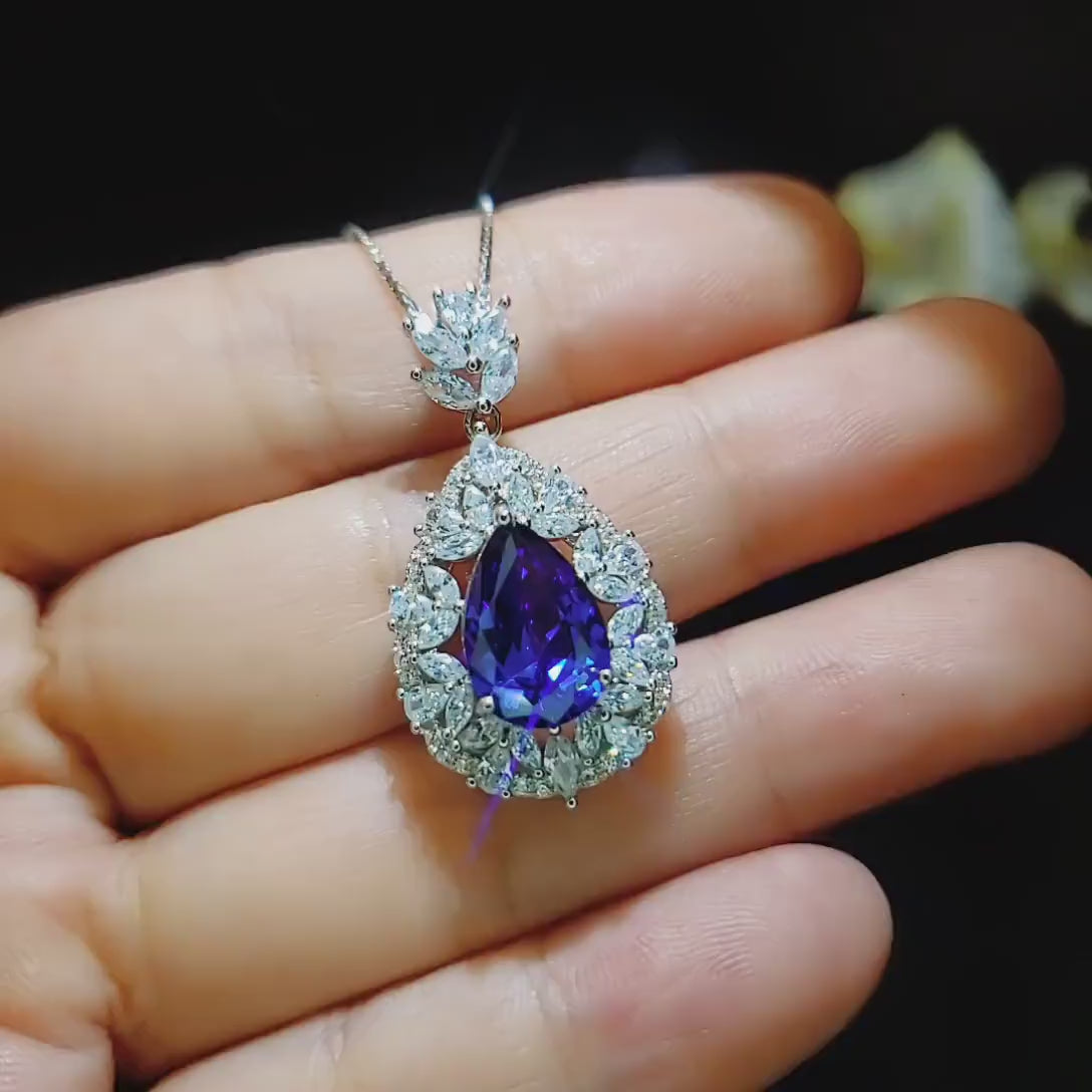 Teardrop Tanzanite Necklace - 18 k White Gold @ Sterling Silver -  3 CT  Blue Tanzanite - Gemstone Flower December Birthstone #900
