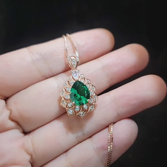 Lily Flower Emerald Necklace - 18KRGP & Sterling Silver - 3 CT Green Emerald Pendant May Birthstone Layered Double Halo Emerald Jewelry #681