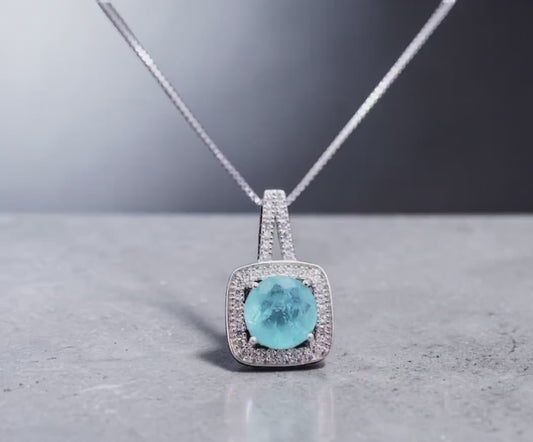 Square Blue Paraiba Tourmaline Necklace Sterling Silver 8 mm Round Paraiba Gemstone Pendant #007