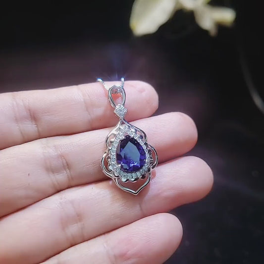 Large Tanzanite Necklace - Gemstone Leaf Lab Created Tanzanite Pendant - 18KGP - Sterling Silver - Teardrop Style Pear Cut 2.75CT #714