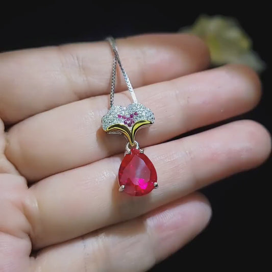 Ruby Necklace - Ginkgo biloba Pendant -  18kgp @ Sterling Silver - Large Teardrop Pear  3.5 CT Red Ruby - Gemstone Leaf Jewelry #867