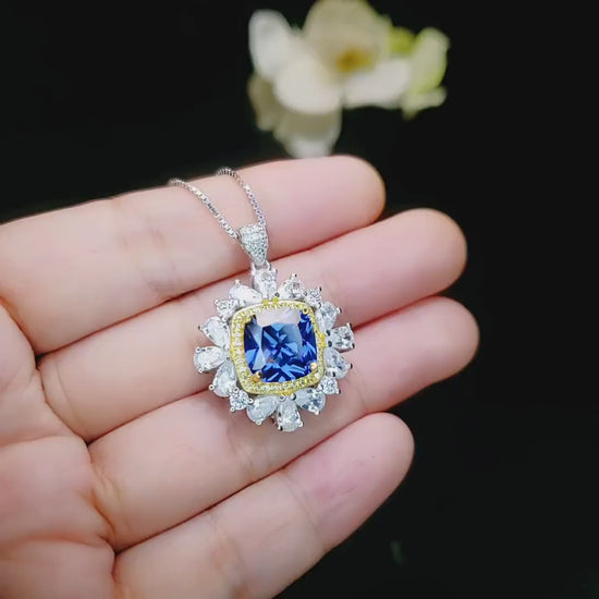 Large Square Sapphire Necklace -  Gemstone Halo Gold Square 7 CT 10 MM Blue Sapphire Pendant - Sterling Silver White Gold plated #875