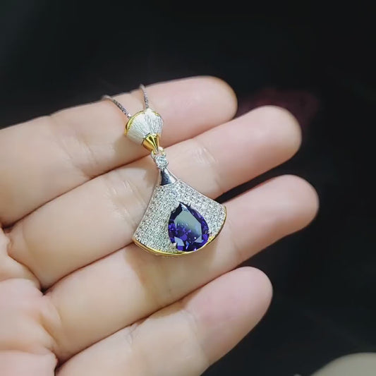 Blue Tanzanite Necklace - 18K  @ Sterling Silver - Gemstone Teardrop Halo 3 ct Blue Tanzanite Jewelry - December Birthstone #902