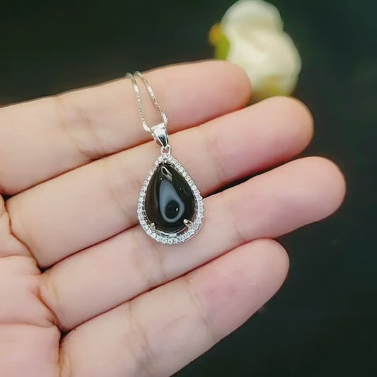 Large Natural Black Onyx Necklace - Root Chakra Healing - Sterling Silver Genuine Teardrop Gemstone Halo Black Onyx Pendant #932