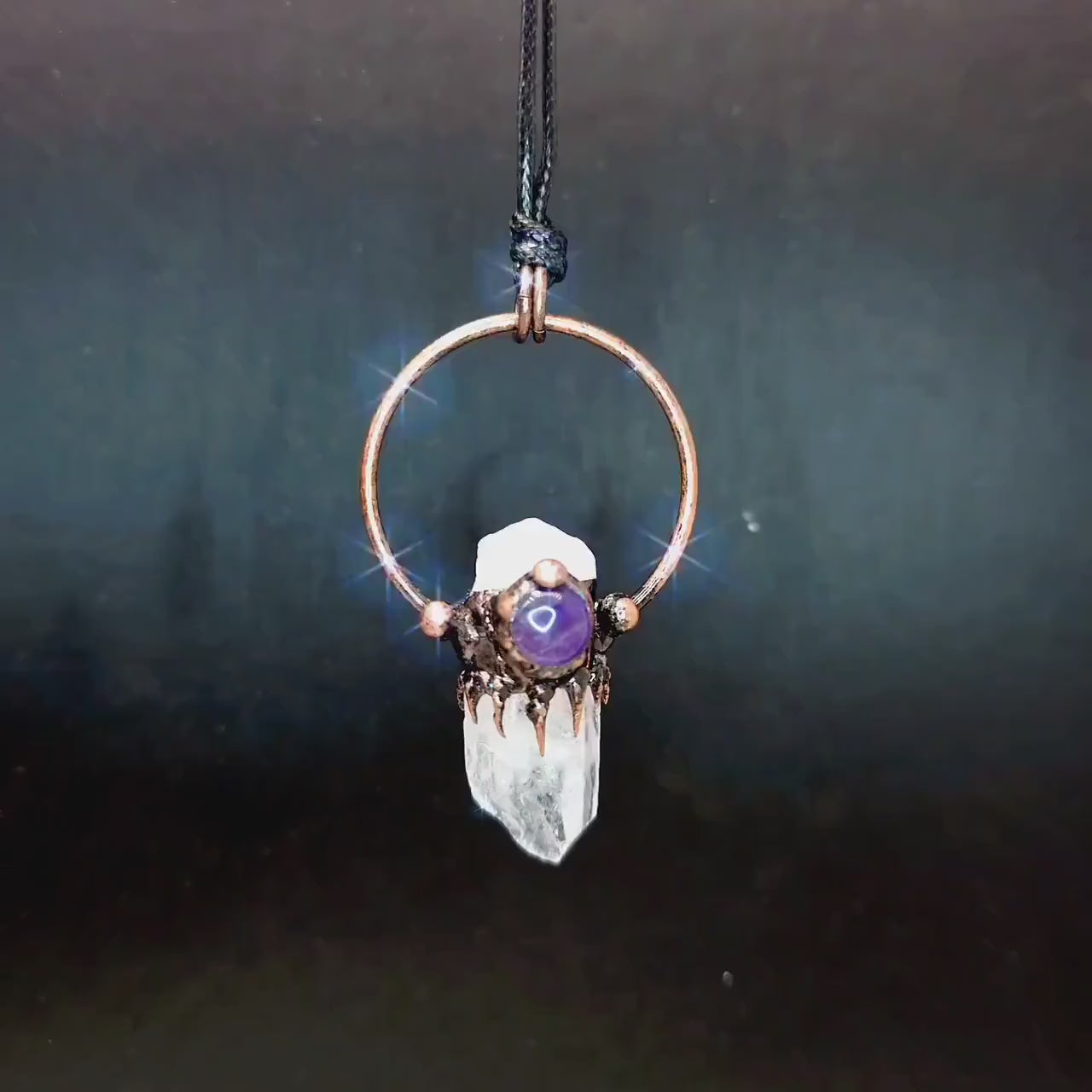 Raw Clear Quartz Point Necklace Copper Geometric Amethyst Pendant, Chunky Stone jewelry 28 inch Adjustable Vegan Cord