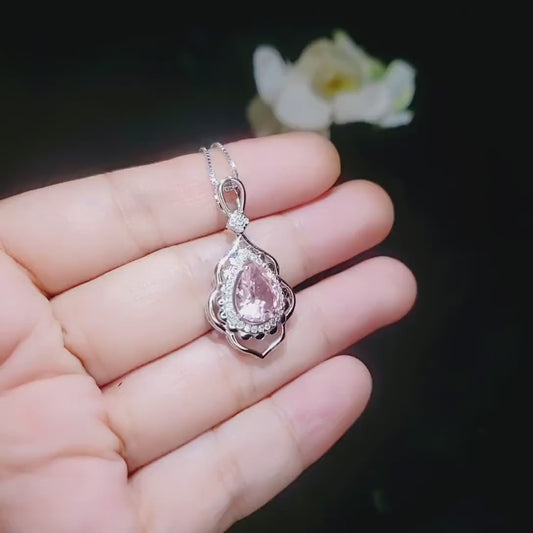 Morganite Necklace Gemstone Leaf Style 18kgp @ Sterling Silver - 2.75 CT Pink Gemstone - June Birthstone - Teardrop Morganite Jewelry #731