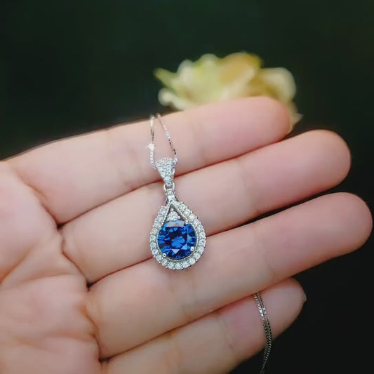 Round Blue Sapphire Gemstone Teardrop  Necklace - Sterling Silver  White Gold coated  Sapphire Pendant #386