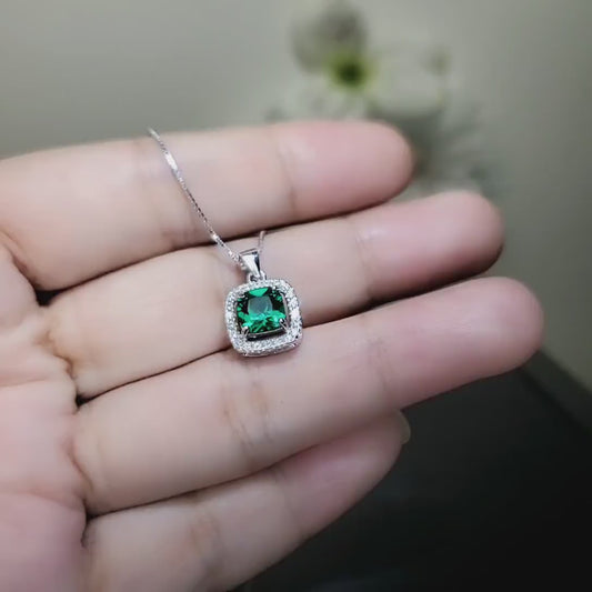 Tiny Square Green Emerald Necklace Sterling Silver May birthstone 6 MM Emerald Jewelry 043