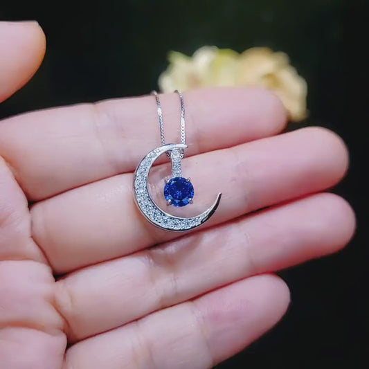 Blue Sapphire Necklace  Gemstone Moon Pendant Sterling Silver Crescent  - White Gold Plated Two Separated Pendant September Birthstone #231