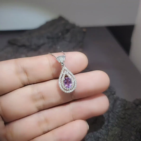 Tiny Natural Amethyst Necklace Sterling Silver Teardrop Halo Genuine Amethyst Jewelry #431