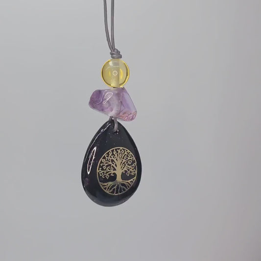 Chunky Black Agate Necklace, Geometric Tree of Life Amethyst Pendant, Zen Spiritual Protection Jewelry, adjustable leather cord 24 in" #2577