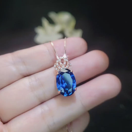 18K Rose Gold Coated Sapphire Necklace -  Large Gemstone Crown Sterling Silver - 5 CT Oval Cut Lab Created  Blue Sapphire Pendant #829