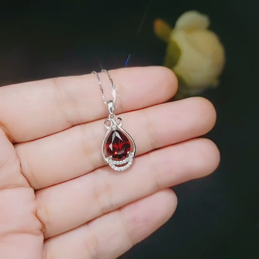 Teardrop Garnet Necklace - White Gold plated Sterling Silver - 2.75 CT Red Garnet Pendant - January Birthstone #438