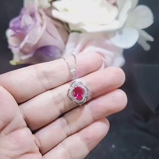 1.5 ct Ruby Necklace Sterling Silver Flower Of Life pendant  White Gold coated small July Birthstone  #1002