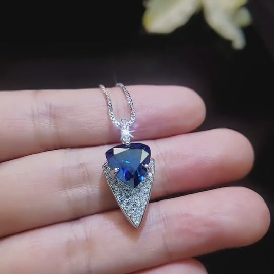 Large Trillion Cut Blue Sapphire Necklace - 18KGP Sterling Silver - Protective Queen's  Guard Sword -  Sapphire Pendant #768