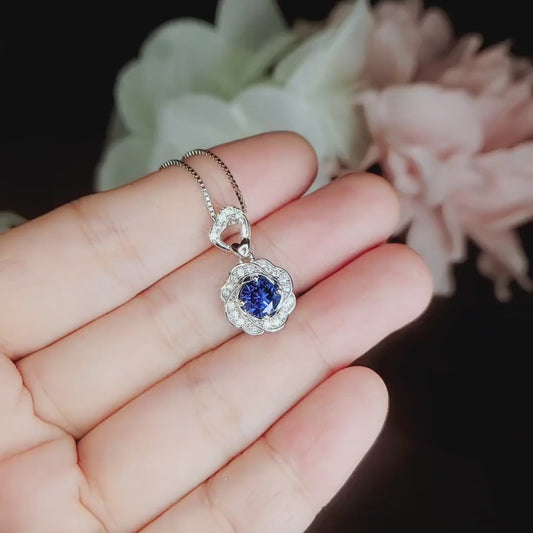 Blue Sapphire Necklace Gemstone Rose flower Pendant - 18KGP @ Sterling Silver - September Birthstone - Dainty Sapphire Pendant Jewelry #956