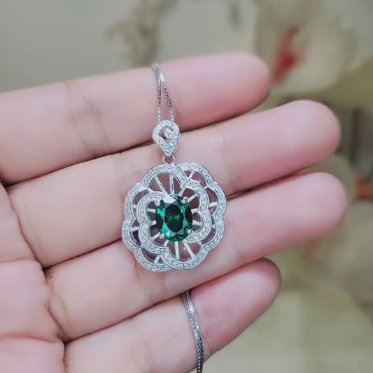 Large Gemstone Peony Emerald Necklace 2.1 CT Oval Cut Emerald  Pendant 18KGP @ Sterling Silver #562