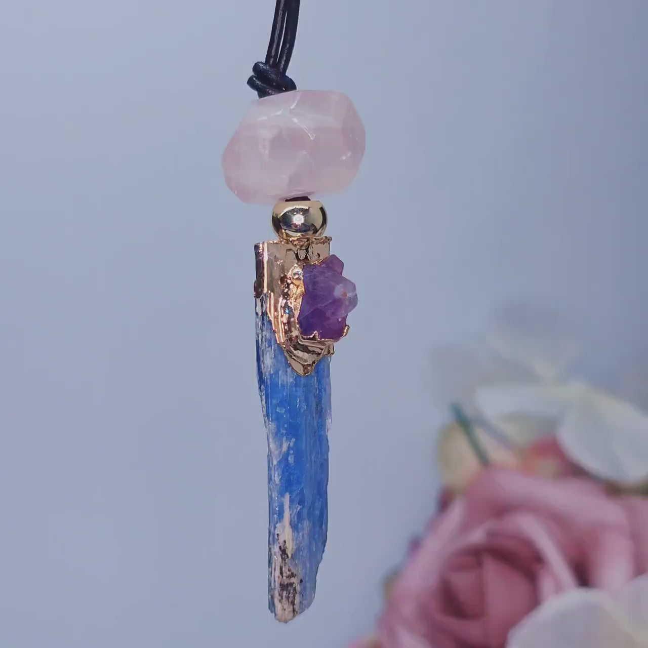 Geometric Raw Kyanite Pendant with Amethyst, Chunky Irregular Rose Quartz Crystal Necklace, Adjustable Leather Cord up to 30 inches #2557