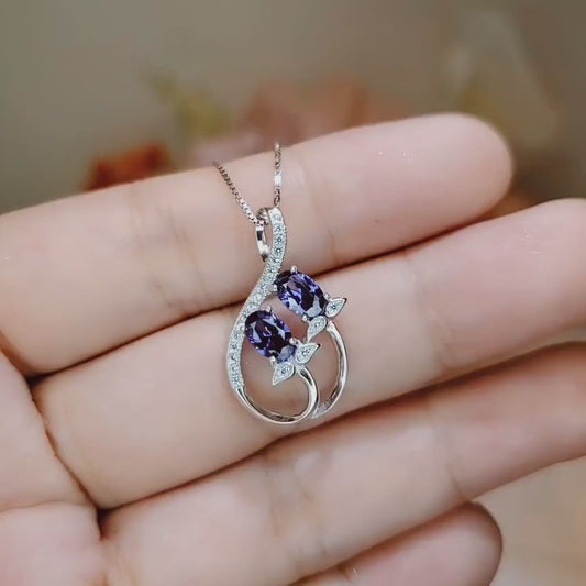 Tanzanite Necklace - Sterling Silver Leaf Double Stone December Birthstone Tiny Deliciated Lab Created Tanzanite Pendant #345