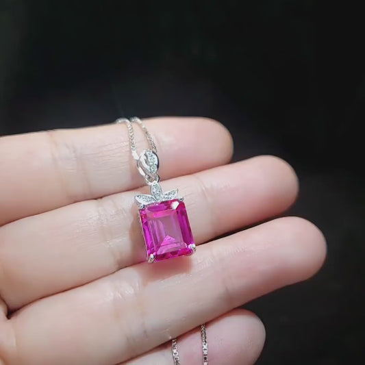 Petal Flower Pink Sapphire Necklace - Fuchsia Color -  18KGP @ Sterling Silver  - Faceted Rectangle 5 CT Pink Sapphire #755