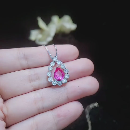 Pink Sapphire Necklace - Gemstone Halo - Pear Teardrop Cut - White gold - Sterling Silver - 2.5CT Fuchsia Red Sapphire Jewelry #957