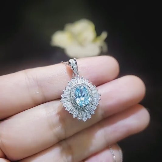Luxury Aquamarine Necklace - Halo Sim Gemstone 18kgp @ Sterling Silver - Sky Blue Aquamarine Pedant -  March Birthstone #537