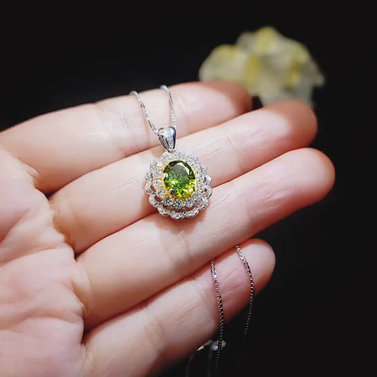 Double Gemstone Halo Peridot Necklace -   White Gold coated Sterling Silver Created Green Gemstone Jewelry #677