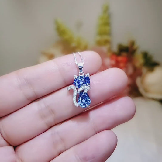 Blue Tanzanite Necklace, Kitty Cat Lover - Deep blue Tanzanite Pendant - Gemstone White Gold Plated Sterling Silver Pets Lover Jewelry #220