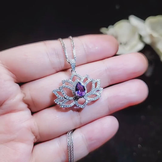 Lotus Style Genuine Amethyst Necklace Gemstone Water lily Pendant 18KGP @ Sterling Silver February Birthstone -  Amethyst Jewelry #697