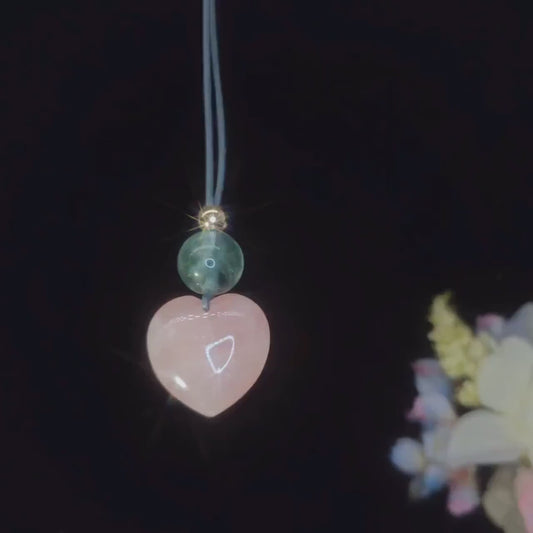 Chunky Rose Quartz Heart Necklace on 30" Adjustable Real Leather Cord, Geometric Green Fluorite Pendant, Large Natural Crystal Gift #2538