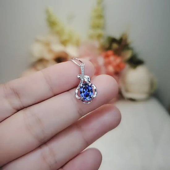 Tiny Blue Sapphire Necklace Sterling Silver Flower White Gold Plated Petal 1.5 CT Blue Gemstone Pendant September Birthstone #161