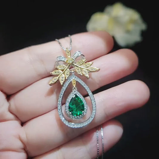 Olive Branch Green Emerald  Necklace 18KGP Sterling Silver Peace Tree 2.5 Ct Pear Cut Emerald Pendant  -  Tree Of Life Emerald Jewelry #853