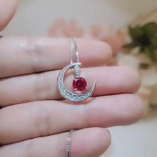 Crescent Moon Ruby Necklace full 925 Sterling Silver Two Pendant One Necklace July Birthstone  chain #226