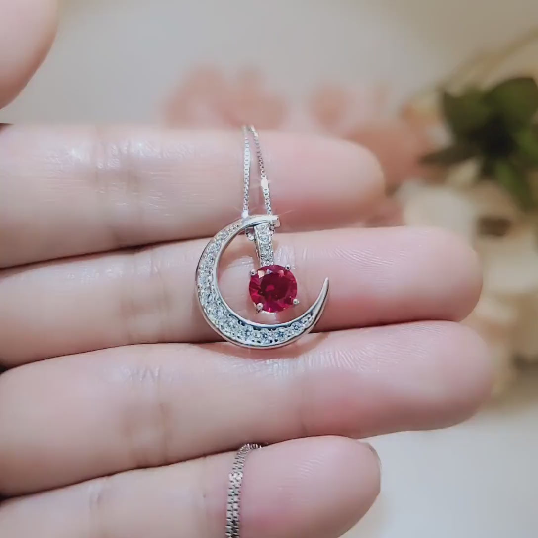 Crescent Moon Ruby Necklace full 925 Sterling Silver Two Pendant One Necklace July Birthstone  chain #226