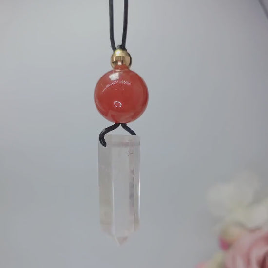 Clear Quartz Necklace, Red Agate Chunky Crystal Pendant, Healing Spiritual Jewelry, Protection Gift, adjustable leather cord