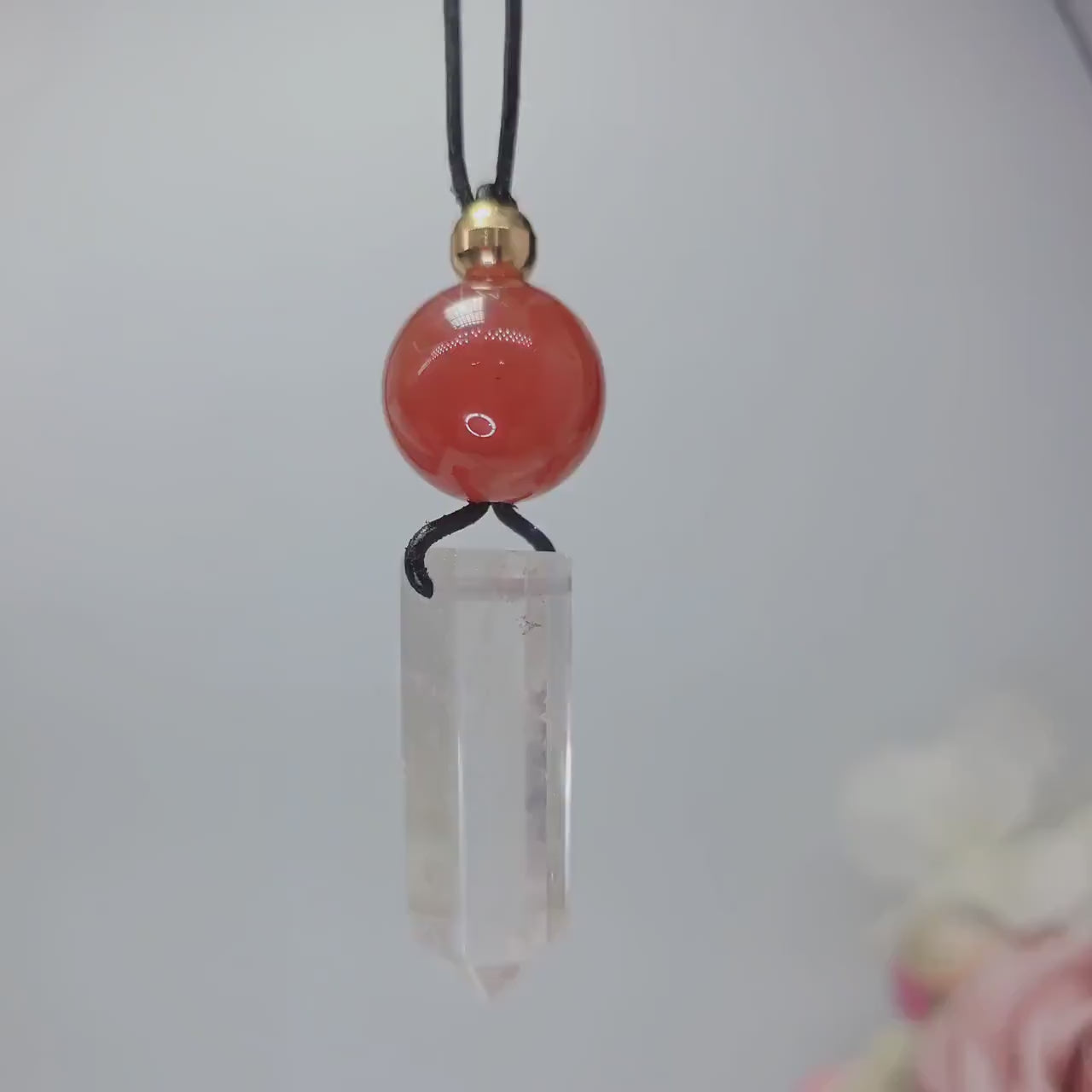 Clear Quartz Necklace, Red Agate Chunky Crystal Pendant, Healing Spiritual Jewelry, Protection Gift, adjustable leather cord
