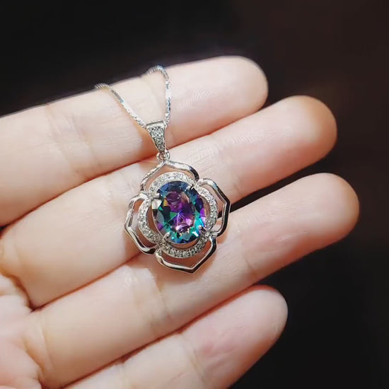 Large Mystic Topaz Necklace 4.5 ct -Sterling Silver White Gold  Flower Of Life Pendant #551