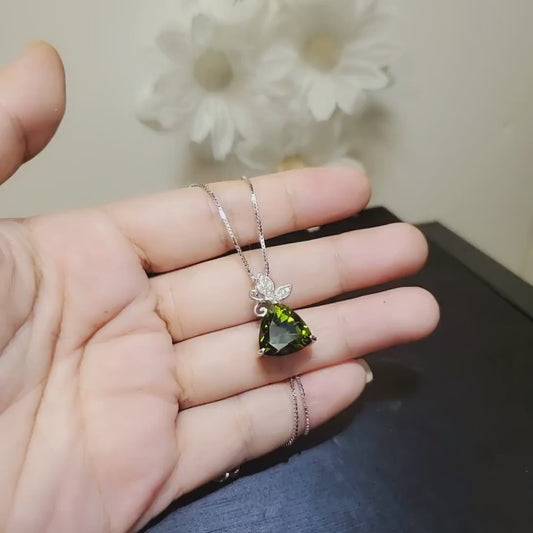 Large Trillion Cut Peridot Necklace - Sterling Silver Butterfly Pendant - Triangle 8 CT Green Peridot #634