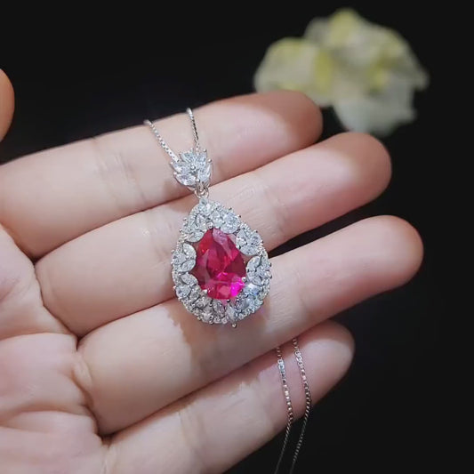 Large Teardrop Ruby Necklace - 3 CT Red Ruby Pendant  -  Gemstone Petal Flower - Wheat Style Necklace -  18KGP @ Sterling Silver #895