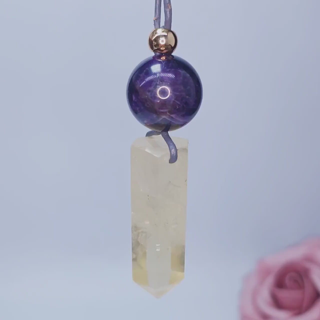 Chunky Citrine Point Necklace, Geometric Amethyst Pendant with 18k Gold Copper Bead, Spiritual Zen Jewelry, Adjustable Leather Cord #2574