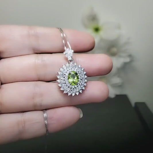 Natural Peridot Necklace - 18KGP Sterling Silver - 1.5 Ct Triple Gemstone Halo - Genuine Green Peridot Pendant #842