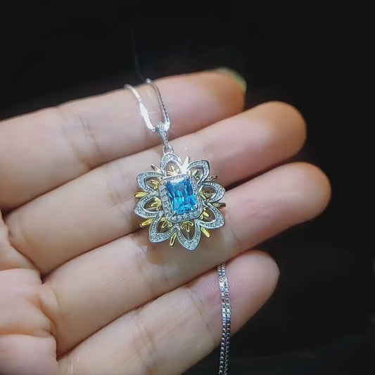 Blue Topaz Necklace, Gemstone Water Lily Flower Pendant, White Gold plated Sterling Silver 1 CT The goddess Athena Necklace #658