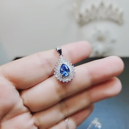 Blue Sapphire Necklace Double Gemstone Halo Teardrop Blue Sapphire Pendant White Gold Plated Sterling Silver Pear September Birthstone #485