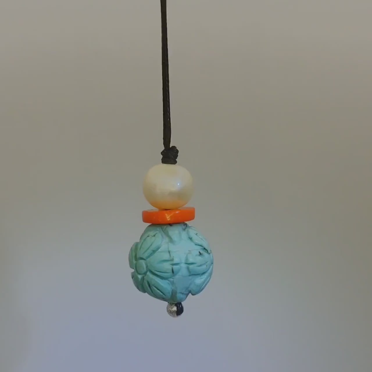 Chunky Turquoise Necklace Leather cord , Large Lotus Flower Jewelry Pearl Coral Long Chain Adjustable UP to 30" chunky stone jewelry #2341