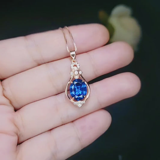 Rose Gold Blue Sapphire Necklace Sterling Silver 3 Ct Oval Large Blue Gemstone Pendant Blue Sapphire Jewelry #647