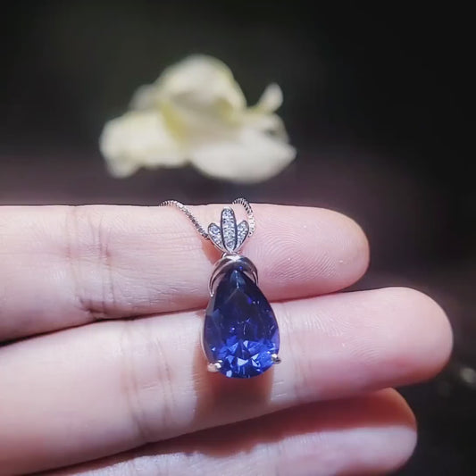 Large Teardrop Tanzanite Necklace - 18KGP Sterling Silver December Birthstone - Pear Cut 7 CT Blue Tanzanite Jewelry #780