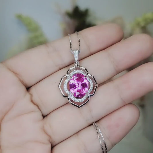 Large Pink Tourmaline Necklace- Sterling Silver Gemstone Flower OF Life Pendant - Oval 4 ct Wedding Bridal  Pendant #630
