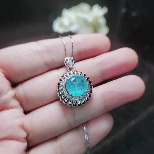 Large Paraiba Necklace - 18KGP @ Sterling Silver - Sunflower Style - 5 ct Blue Paraiba Tourmaline Pendant #406