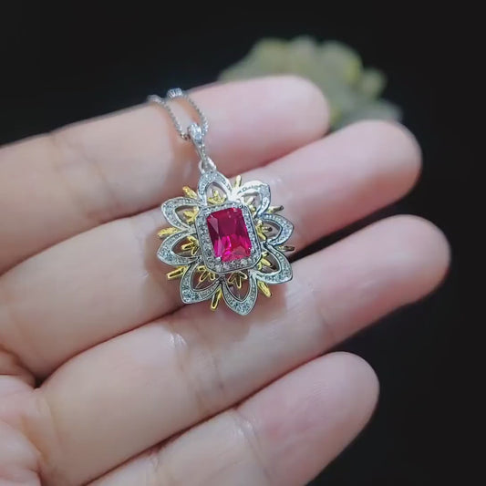 Ruby Necklace -Water Lily Flower Pendant - White  Plated Sterling Silver - 1 CT  Ruby Pendant - Goddess Athena Necklace #560